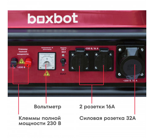 Генератор бензиновый Boxbot, 8.3 кВт, 25 л, розетки 2*16A + 1*32A, клеммы ~230 В, свеча BOSCH, BGA 8000